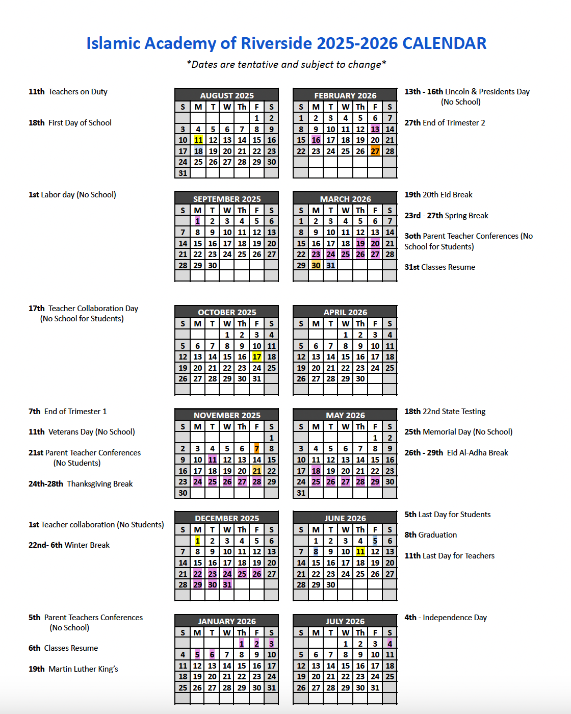 Academic Calendar 2025 - 2026